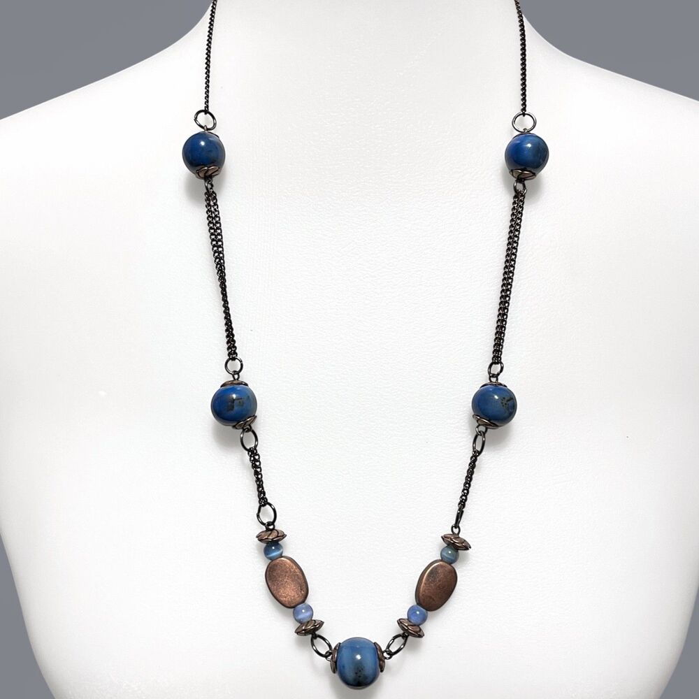 Copper Necklace Blue Ceramic Pottery Bead Antiqued Art Boho Festival Hippie
